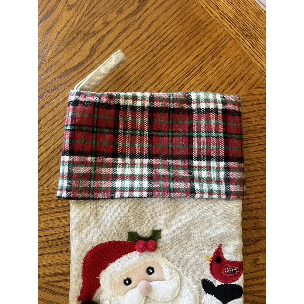 Christmas Stocking Fabric Cloth Beige Santa Plaid Country Rustic Primitive 17